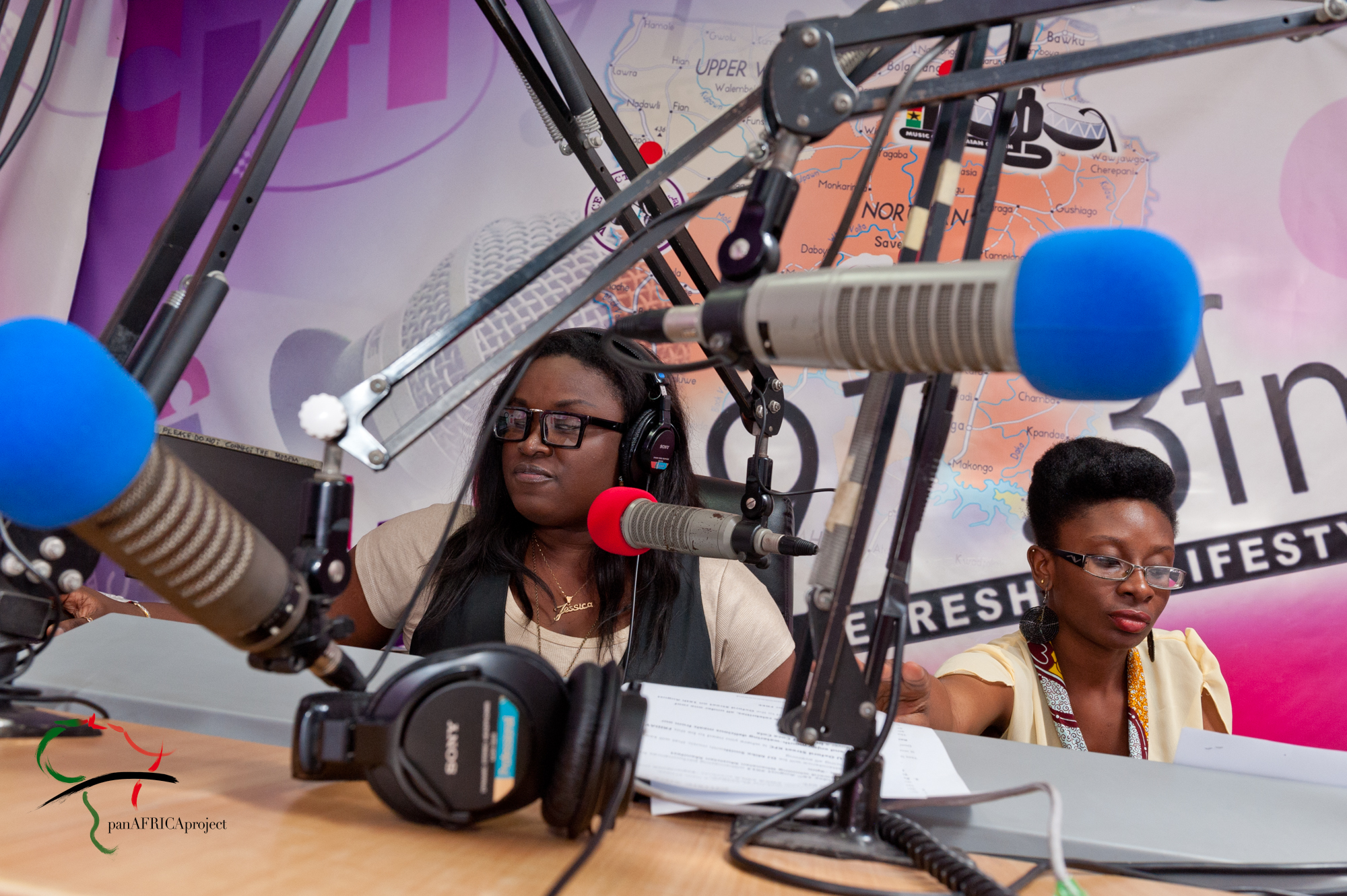 Female radio hosts in the studio in Accra, Ghana