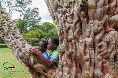 Children leaning on a engraved tree in Aburi, Ghana