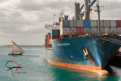 A shipping container ship docked